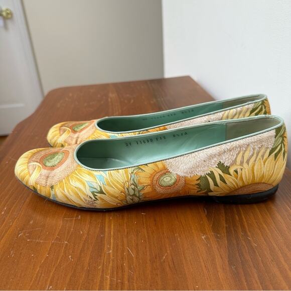 Salvatore Ferragamo Sunflower Silk Fabric Yellow Blue Flats 8.5 - Picture 4 of 12